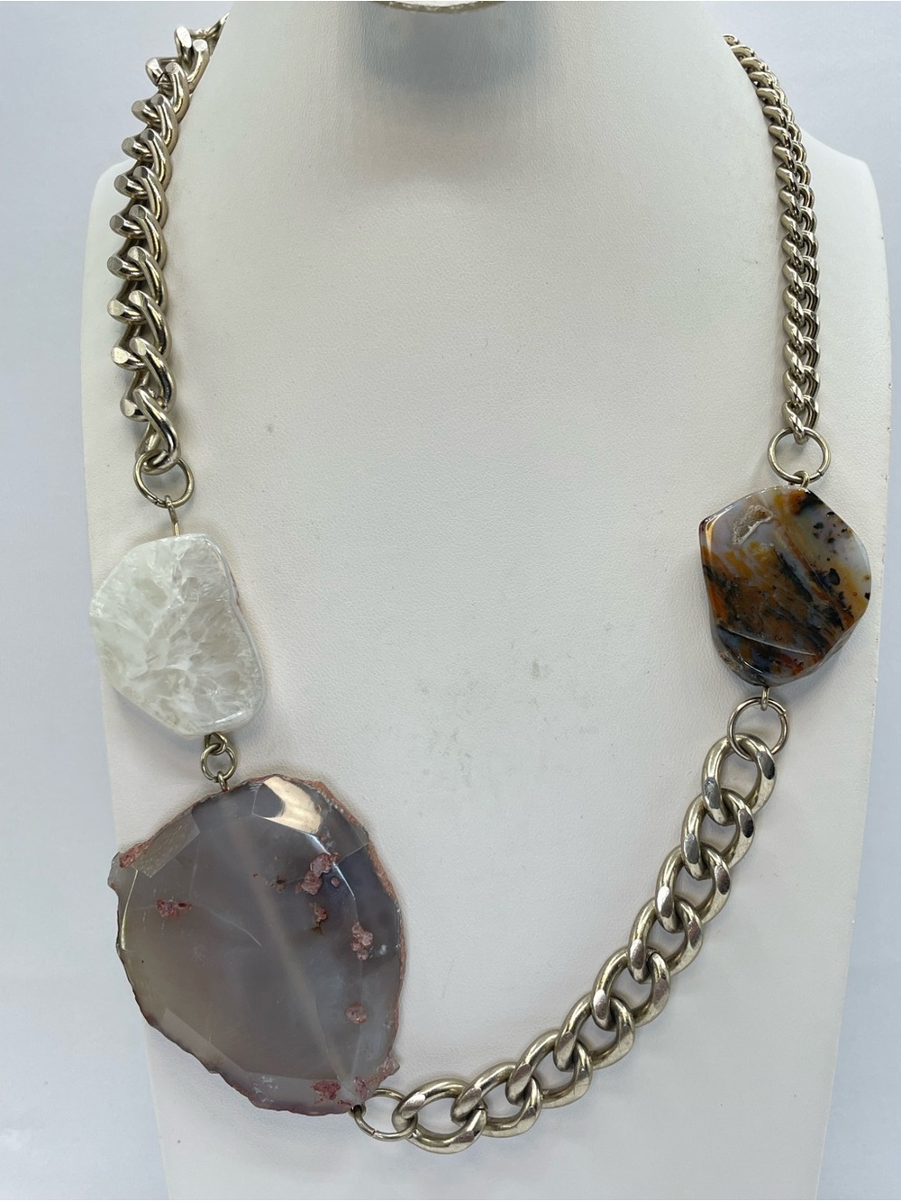 Silver Tone Chunky Chain White Quartz Agate Stone Statement Necklace